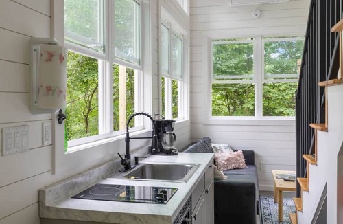 Johnson Cabin | Riverside Luxury Tiny House w/Treehouse Sauna, Hot Tub & Views Near Stowe