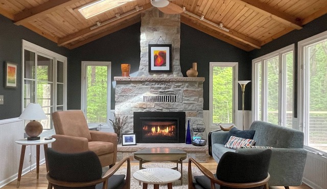 5 min to Warren Dunes! Private Wooded Retreat w/Sunroom, Firepit & Fireplace